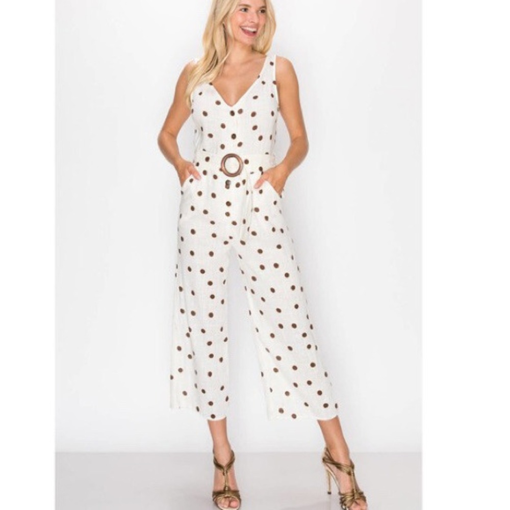 Monteau Polka Dot Print Button Front Belted Jumpsuit
